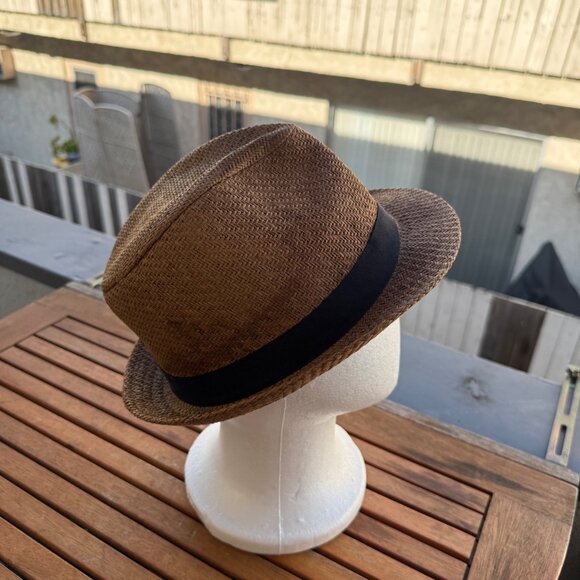 Custom Brown Straw Fedora Hat W/ Black Band & Embroidered Patch Design M/L - Picture 5 of 5
